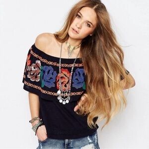 Free People 100% Cotton Off-Shoulder Multicolor Embroidered Floral Top Size: SP